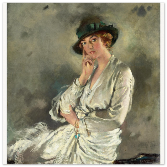 Portrait of Mrs Charles S. Carstairs by William Orpen, seated woman in a white dress and green hat