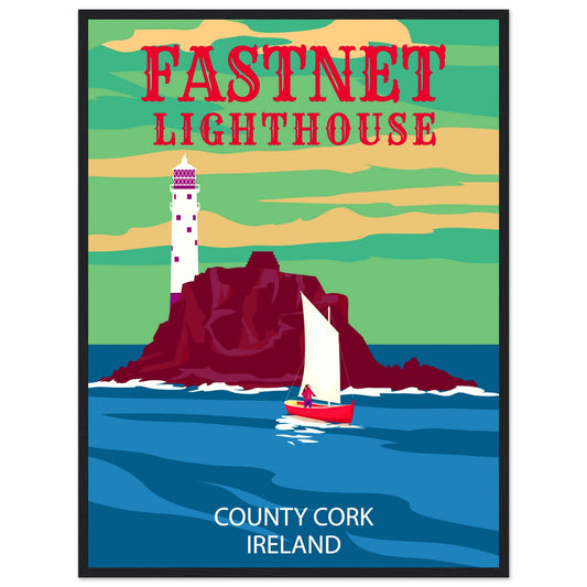 Fastnet Lighthouse County Cork Ireland Travel Retro Framed Art Print – framed print close-up | Buy Irish Art