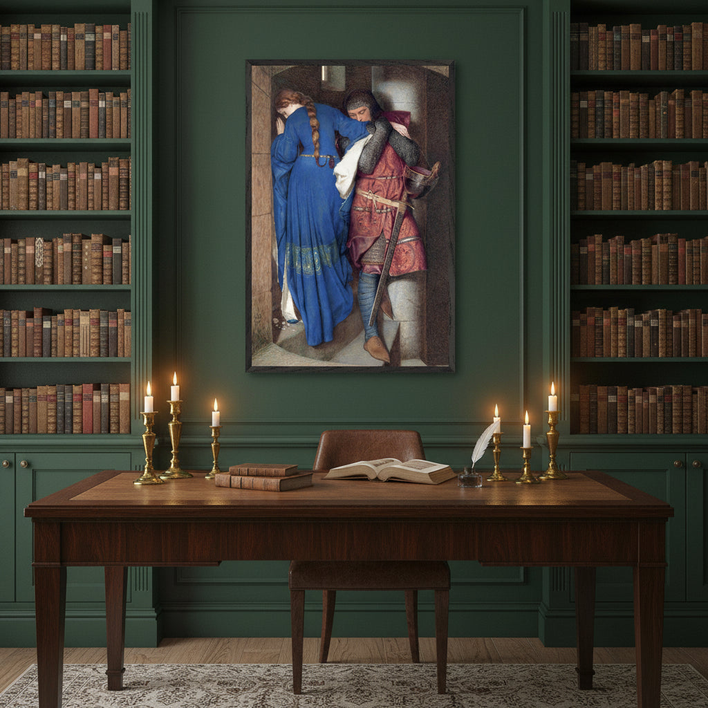 A framed fine art print of The Meeting on the Turret Stairs displayed above a dark oak writing desk in a Georgian library. Rich green walls, leather-bound books, and candlelight evoke an atmosphere of Irish romance and heritage