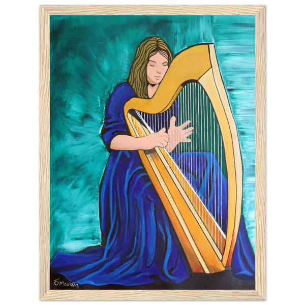 Female Harpist Playing The Irish Harp Natural Wooden Framed Print