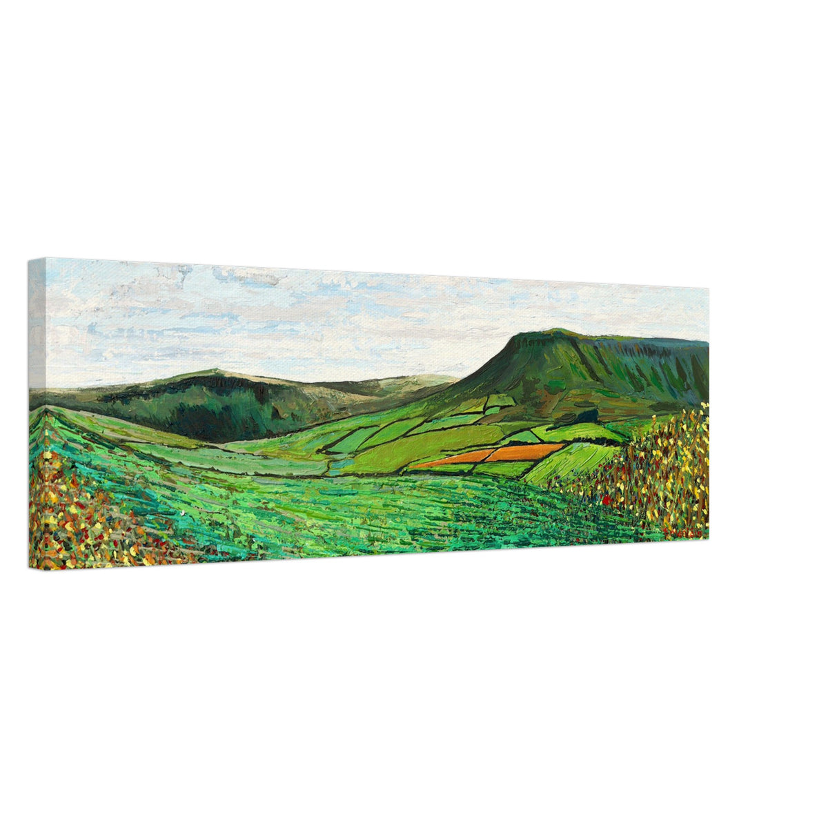 Green Glens of Antrim panoramic canvas print shown at an angle, Irish landscape with wildflowers