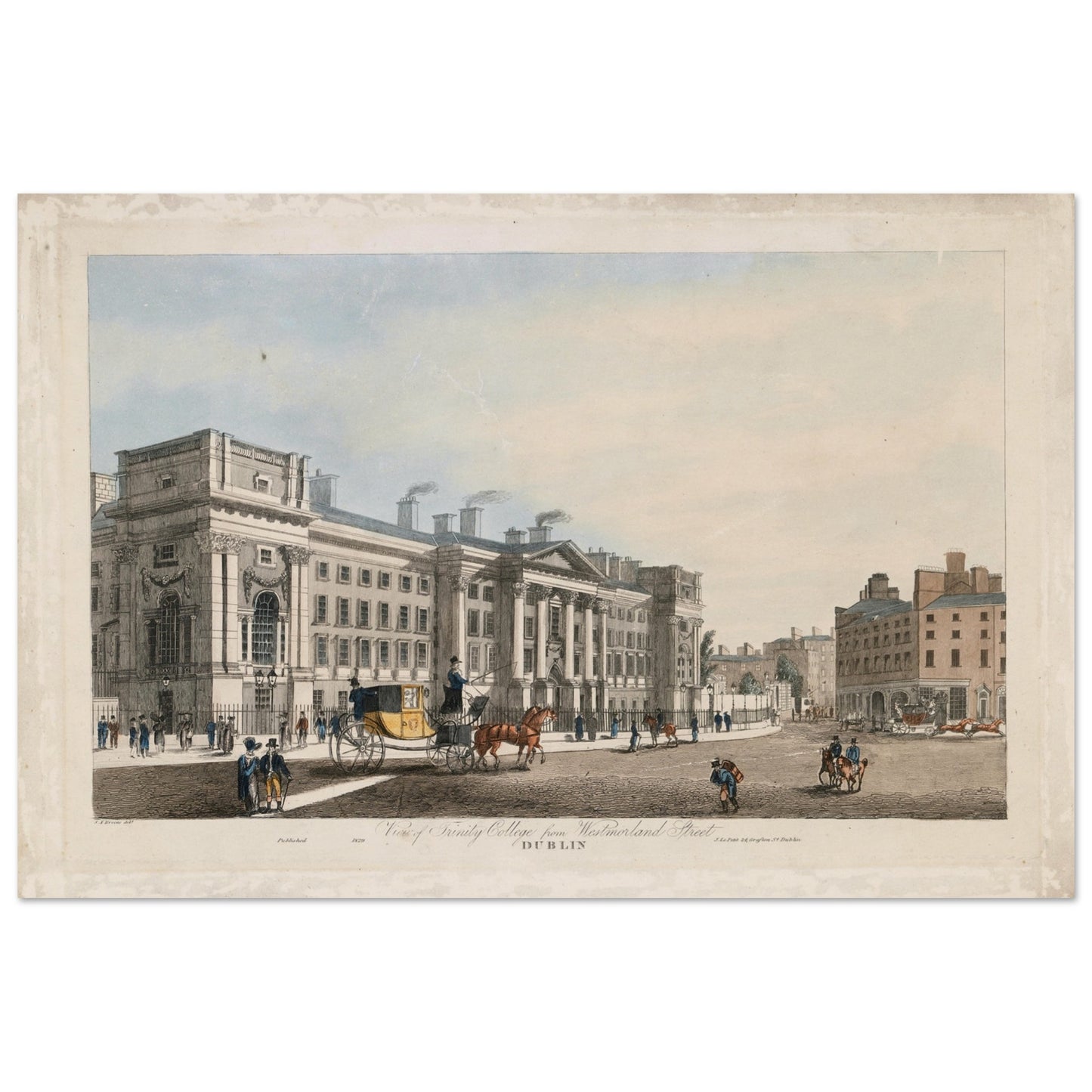 Trinity College Dublin from Westmoreland Street – Museum-Quality Reproduction Art Print – room setting display | Buy Irish Art