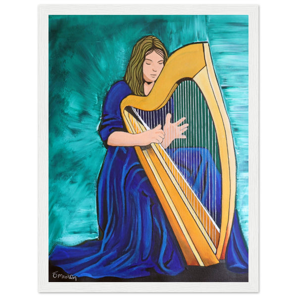 Female Harpist Playing The Irish Harp White Wooden Framed Print