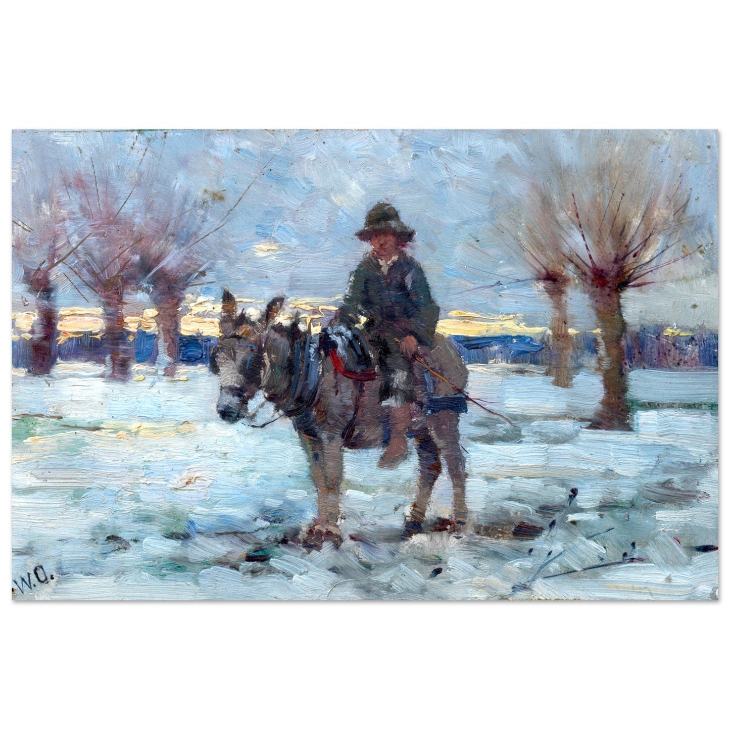 Boy on a Donkey in a Snowy Landscape by Irish Artist Walter Frederick Osborne Art Print – framed print close-up | Buy Irish Art