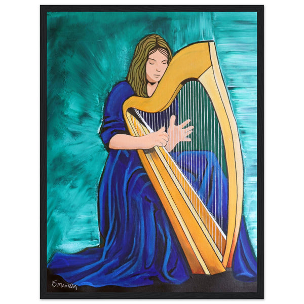 Female Harpist Playing The Irish Harp Black Wooden Framed Print
