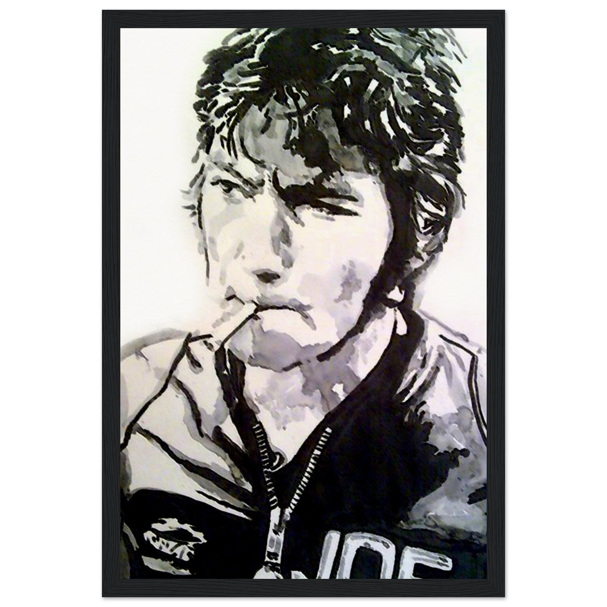 Joey Dunlop portrait with a cigarette in racing leathers, black and white painting in a black frame