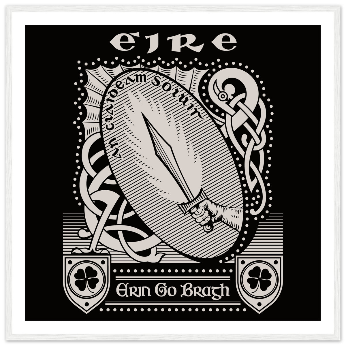 Erin Go Bragh design with shamrock shields and Celtic knotwork, print in a white frame