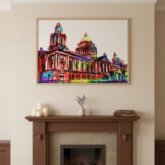 60x80 cm Belfast City Hall framed art print in warm wood frame, statement piece above a fireplace mantel, soft cream wall, styled with candles and books, cosy Irish home interior, realistic photography.