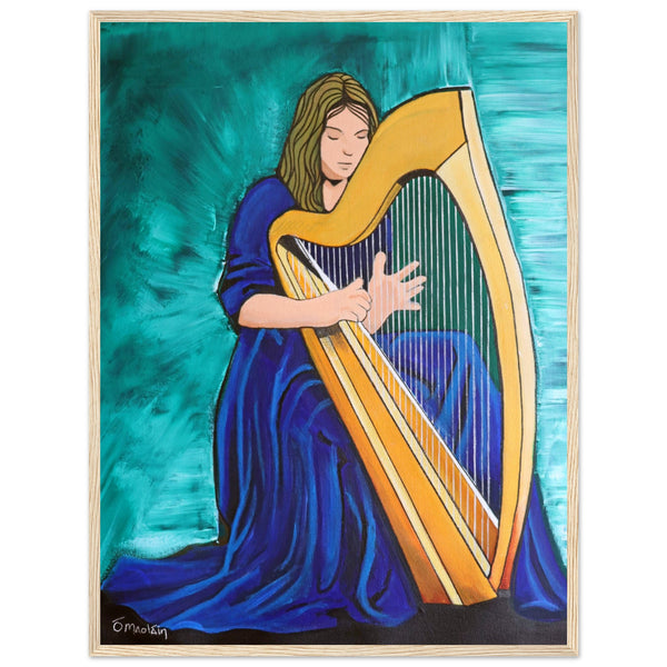 Female Harpist Playing The Irish Harp Natural Wood Framed Print