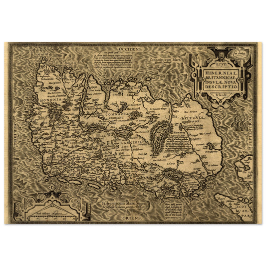 Hiberniae, Britannicae Insvlae nova descripto, antique map of Ireland in sepia tones with a cartouche
