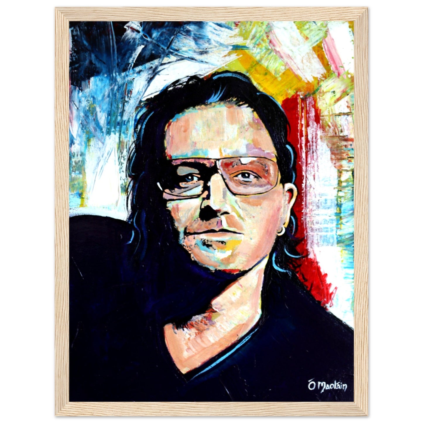 Vibrant, colorful framed wall art print of Bono from U2 by Irish artist Ó Maoláin. This portrait captures Bono's iconic stage presence, adding rock 'n' roll flair to your space. A must-have for U2 fans, blending music and art into a unique statement piece.