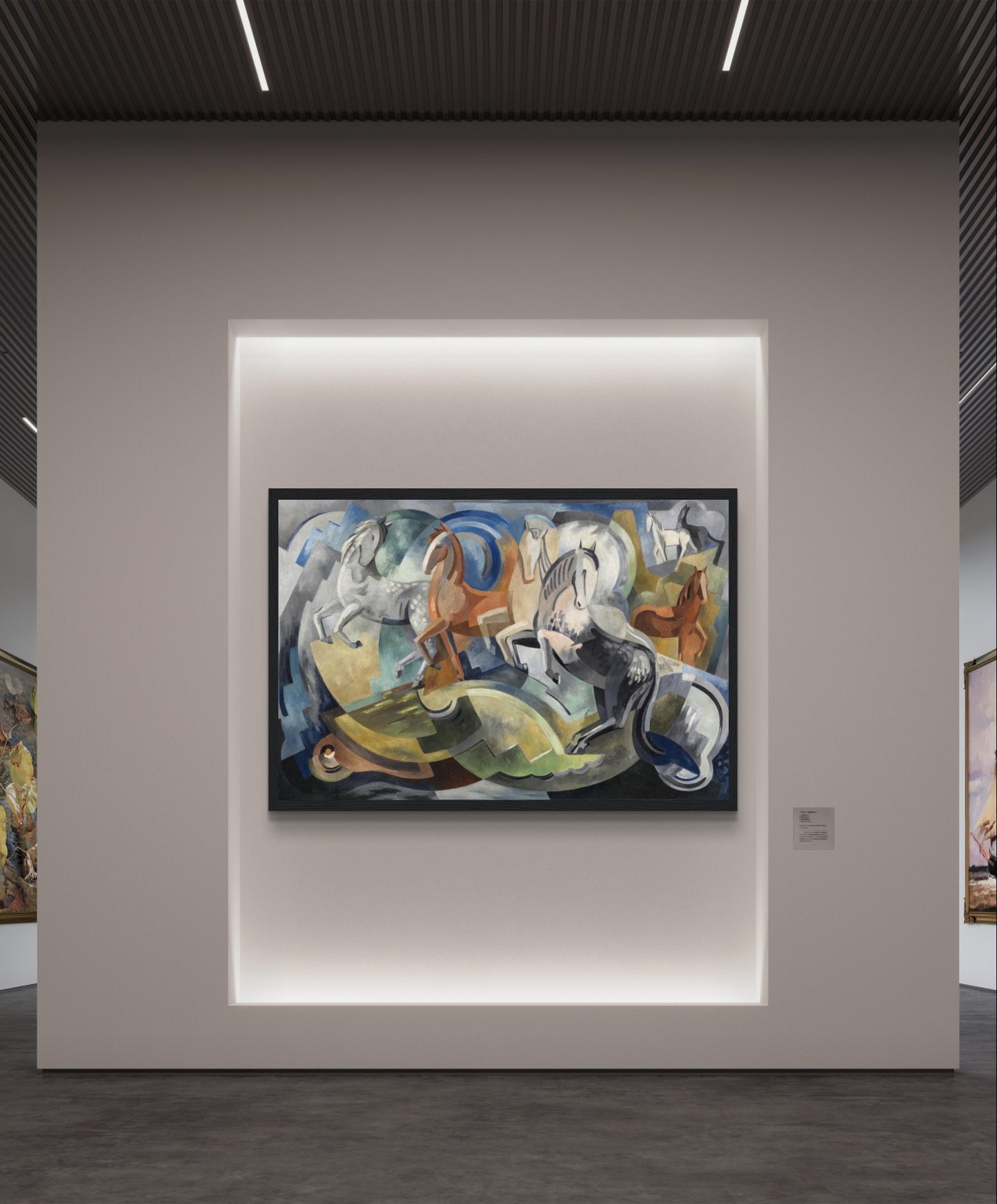 Framed print of 'Achill Horses' by Mainie Jellett hanging on a modern art gallery wall in Ireland, showcasing abstract Irish landscape in Cubist style.