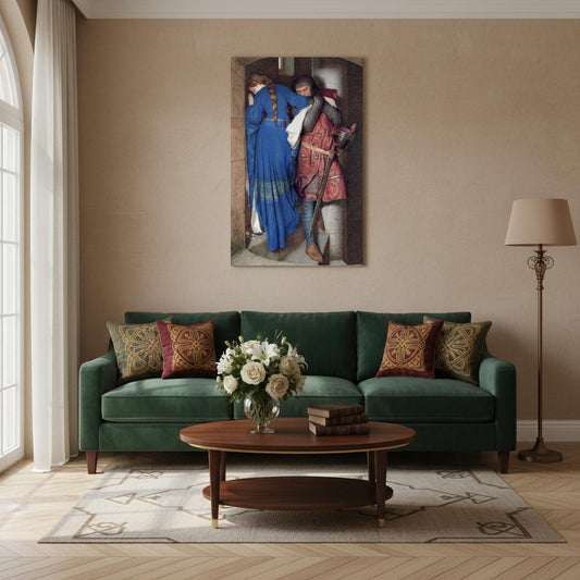 Frederic William Burton’s Hellelil and Hildebrand, The Meeting on the Turret Stairs displayed in beautifully styled interiors, demonstrating how this iconic Irish romantic art transforms any space with sophistication and cultural heritage.