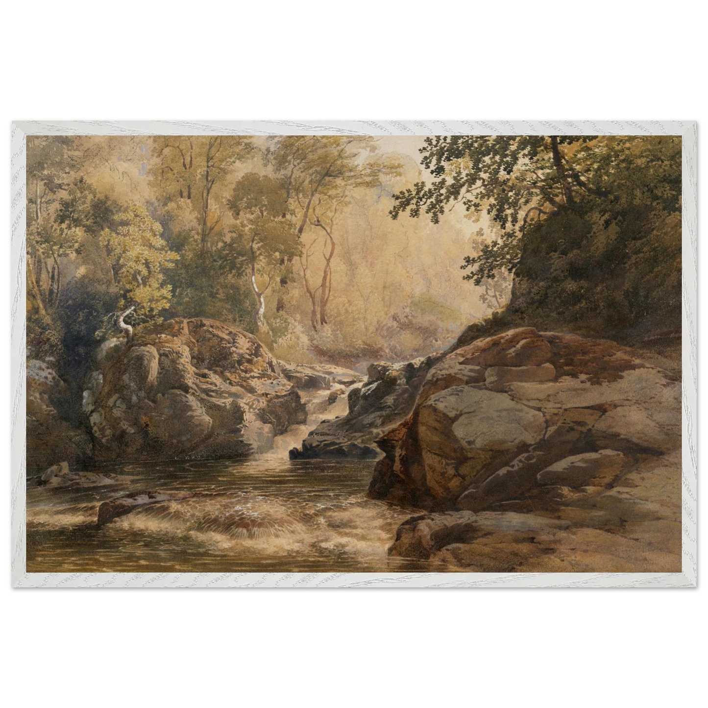 Large white wooden framed reproduction of A Glen by Irish Artist Henry Newton, National Gallery of Ireland