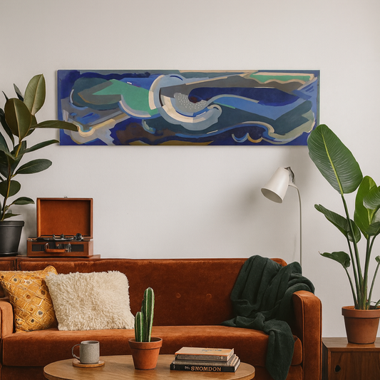 Living room with a brown sofa, coffee table, and abstract painting by iIrish artist Mainie Jellett, abstract and modernist canvas art print on the wall.