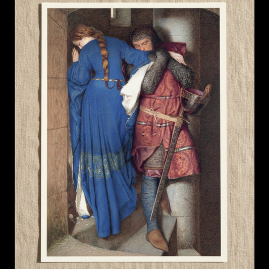 The Meeting on the Turret Stairs – Irish Romantic Art Print unframed archival print resting on light linen fabric. Soft natural daylight, gentle shadows, artisanal fine-art photography style. Buy Irish Art