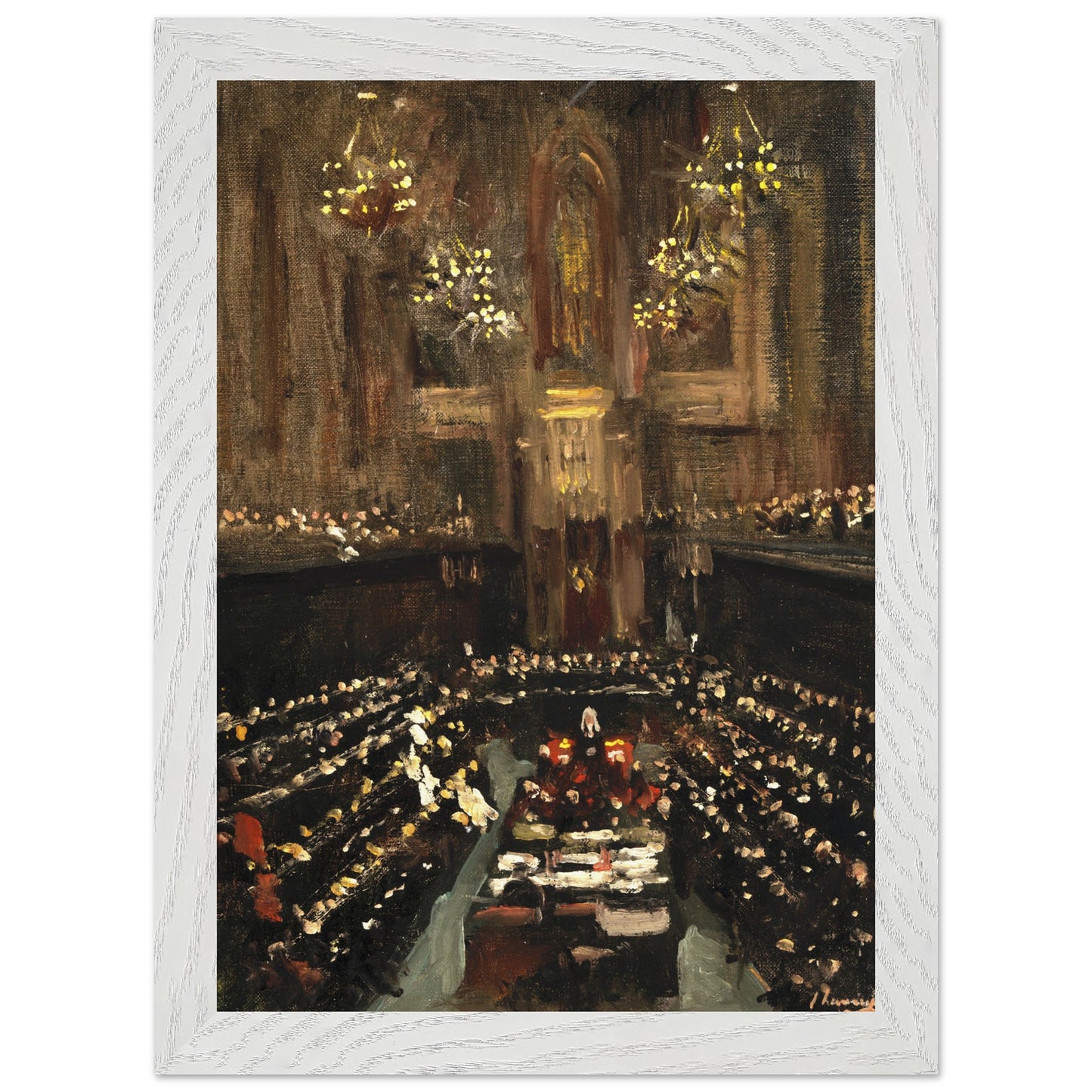 The Ratification of the Irish Treaty (1921) in a crisp white gallery frame, hung on a soft dove-grey wall, natural daylight from a tall window, Scandinavian minimalist interior, clean lines, airy styling, photorealistic.