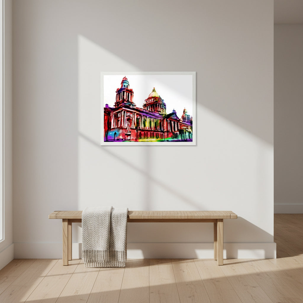 Vibrant Belfast City Hall art print in white frame, 30x40 cm landscape, contemporary Irish wall art by Ó Maolá
