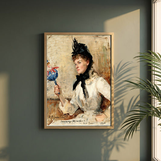 A Lady Holding a Rattle framed print in a natural oak frame on a dark green wall beside a window, dappled plant shadow