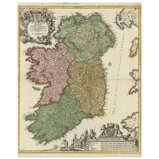 The Kingdom of Ireland antique map print, Irish provinces coloured green, pink and gold