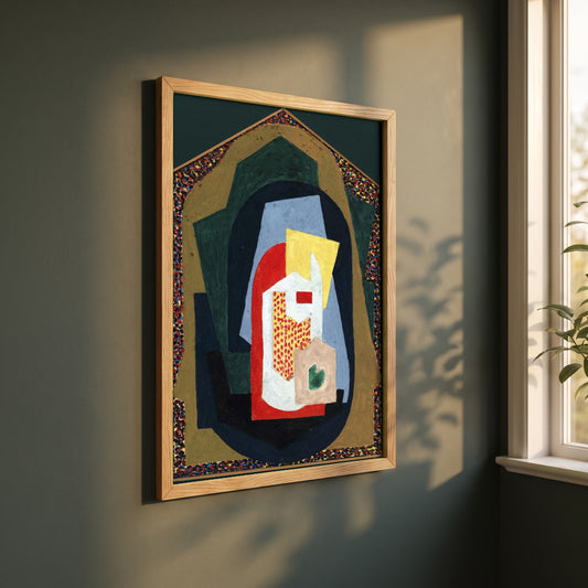 Decoration framed print in a natural oak frame on a dark green wall beside a window, dappled plant shadow
