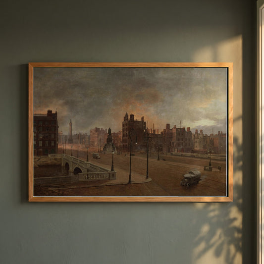 After the Bombardment framed print in a natural oak frame on a dark green wall beside a window, dappled plant shadow