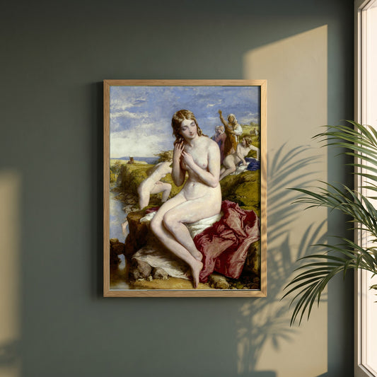 Bathers Surprised framed print in a natural oak frame on a dark green wall beside a window, dappled plant shadow