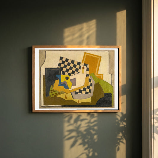Composition 1925 framed print in a natural oak frame on a dark green wall beside a window, dappled plant shadow
