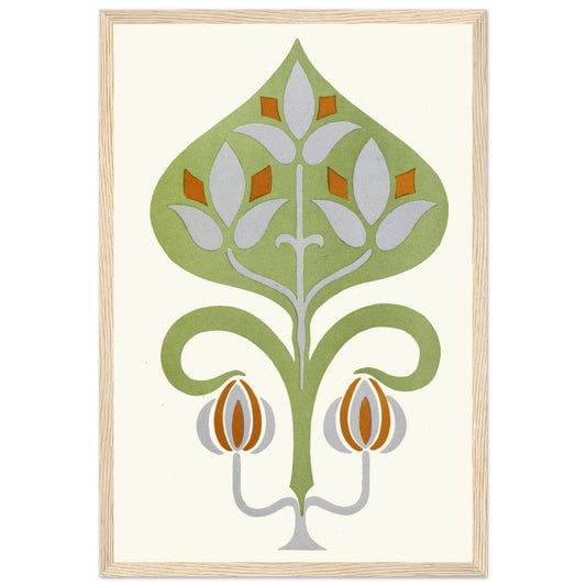Harmony of Contrast by James Ward, green, blue and orange stylised plant ornament, print in a light oak frame