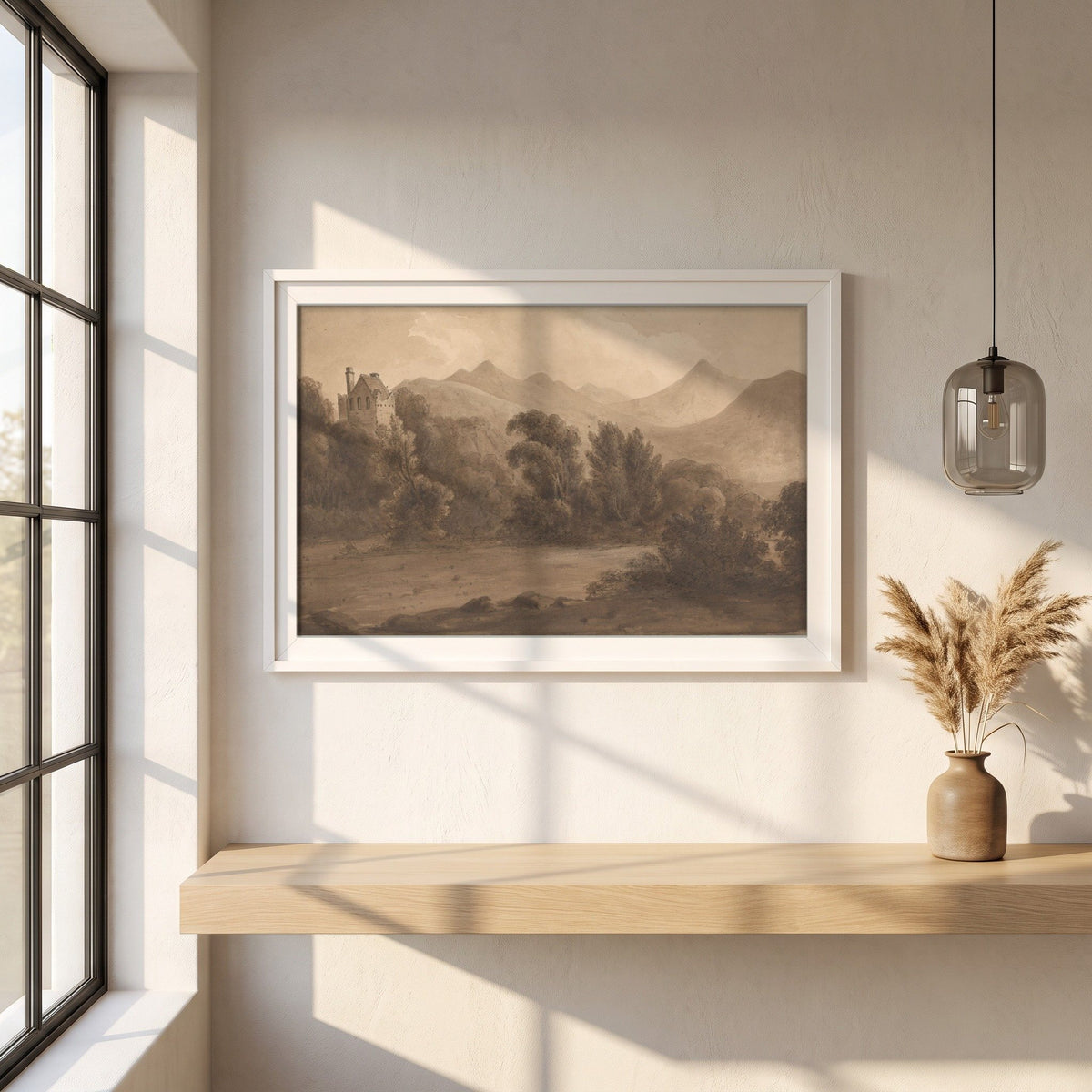Dunloe Castle, Killarney framed print in a white frame on a plaster wall above an oak worktop in a bright Scandinavian kitchen