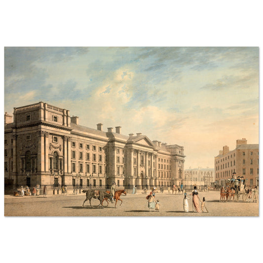 Trinity College, College Green, Dublin by James Malton, Georgian facade with carriages and walkers
