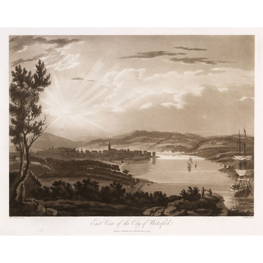 East View of the City of Waterford, 1795 sepia aquatint by Thomas Sautelle Roberts, river and city view