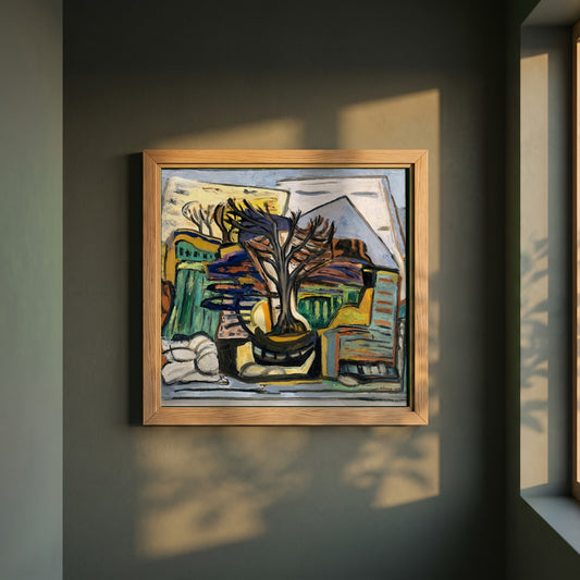 A Landscape with a Tree framed print in a natural oak frame on a dark green wall beside a window, dappled plant shadow