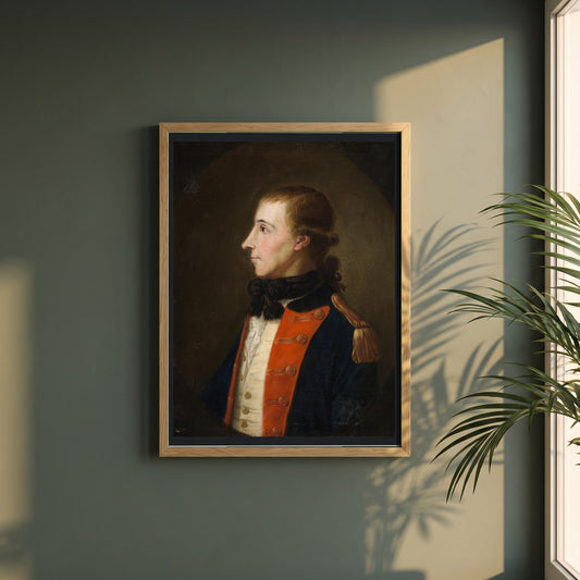 Theobald Wolfe Tone framed print in a natural oak frame on a dark green wall beside a window, dappled plant shadow