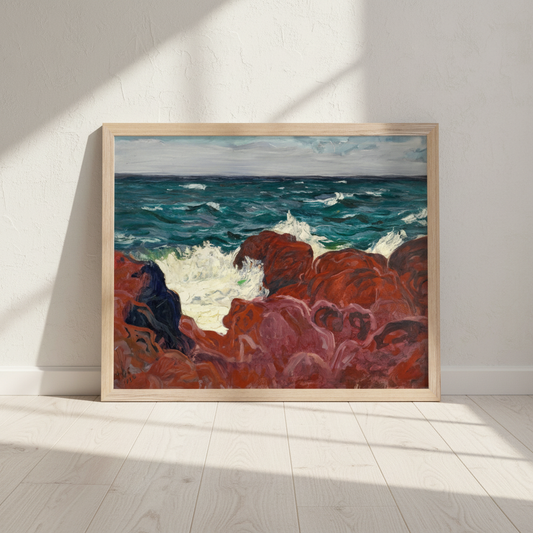 Red Rocks and Sea by Roderic O'Conor print in a natural oak frame leaning against a wall on a pale wooden floor