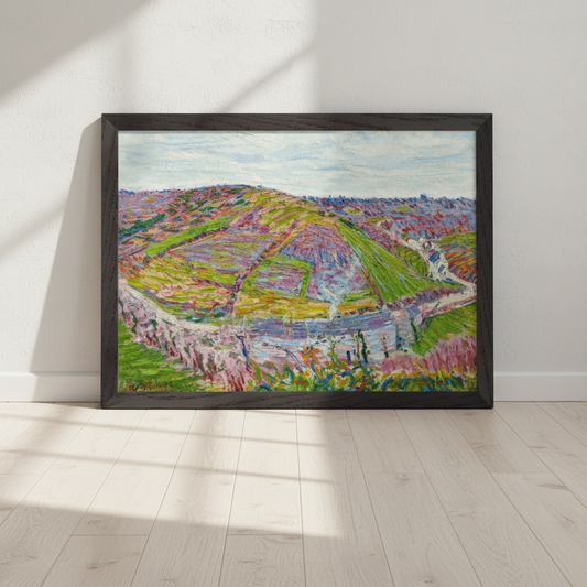Roderic O'Conor Pont Aven landscape print in a black frame leaning against a white wall on a pale floor