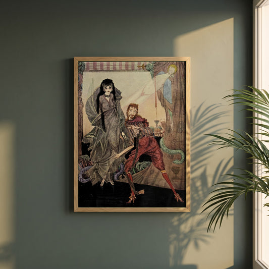 Harry Clarke framed print in a natural oak frame on a dark green wall beside a window, dappled plant shadow