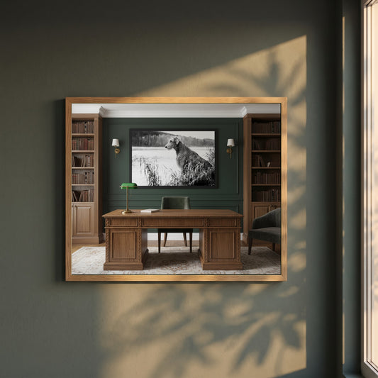 Irish Wolfhound framed print in a natural oak frame on a dark green wall beside a window, dappled plant shadow