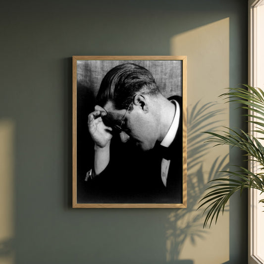 James Joyce Black & White framed print in a natural oak frame on a dark green wall beside a window, dappled plant shadow