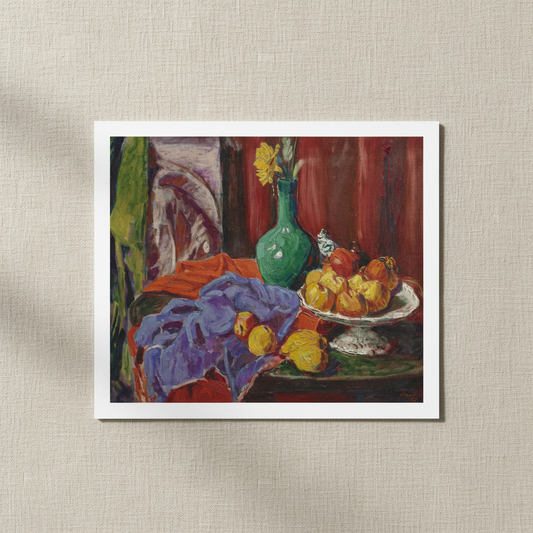 Still Life of Fruit and Green Vase by Roderic O'Conor, 1919, unframed print with a white border on linen