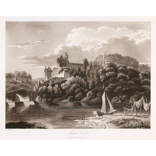 Lismore Castle above the Blackwater, 1790s aquatint by Thomas Sautelle Roberts, sepia river view