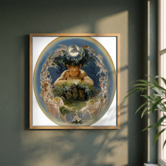 Pan and the Dancing Fairies by Daniel Maclise framed print in a natural oak frame on a dark green wall beside a window, dappled plant shadow