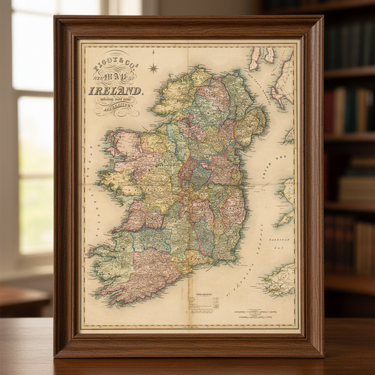 Pigot & Co 1840 map of Ireland in a dark wood frame, angled close-up of the hand-coloured counties