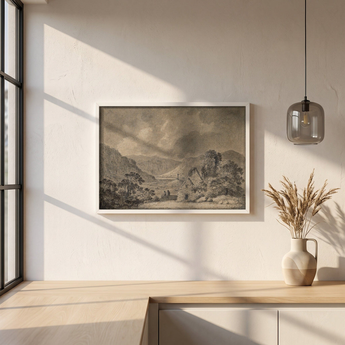 Saint Saviour's, Saint Kevin's and the Lower Lake, Glendalough framed print in a white frame on a plaster wall above an oak worktop in a bright Scandinavian kitchen