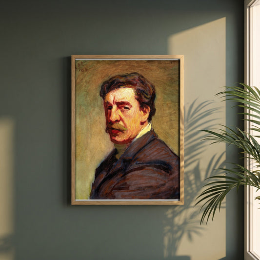 Self-Portrait (1903) by Roderic O'Conor framed print in a natural oak frame on a dark green wall beside a window, dappled plant shadow