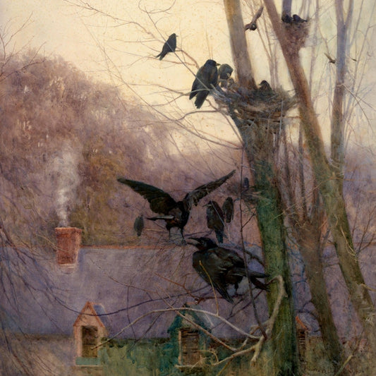 Detail of Shades of Evening by Mildred Anne Butler showing rooks in bare winter trees