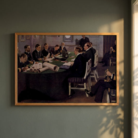 Admiral Sir David Beatty Reading the Terms of the Armistice framed print in a natural oak frame on a dark green wall beside a window, dappled plant shadow