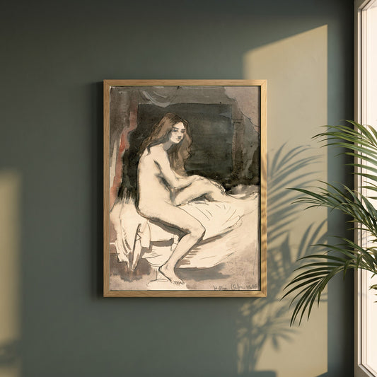 Seated Female Figure framed print in a natural oak frame on a dark green wall beside a window, dappled plant shadow
