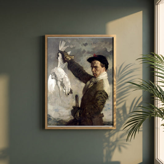 The Dead Ptarmigan (Self-Portrait) by William Orpen framed print in a natural oak frame on a dark green wall beside a window, dappled plant shadow