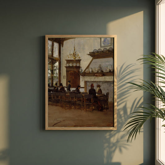 The Dutch Cocoa House, Glasgow International Exhibition framed print in a natural oak frame on a dark green wall beside a window, dappled plant shadow